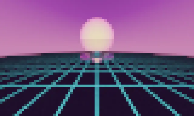 path-traced synthwave scene rendered in terminal half-blocks, camera orbiting